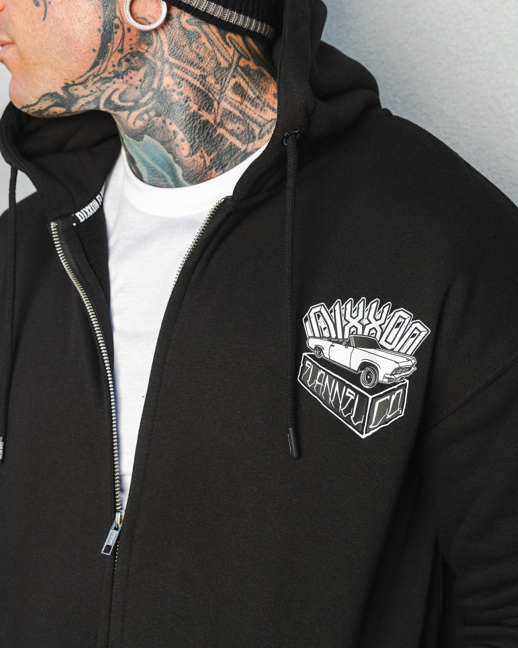 White Block Zip Up Hoodie - Black